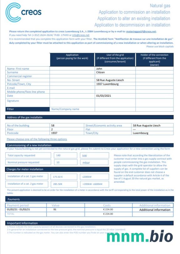 Luksemburski szablon rachunku za gaz kreos w formacie Word i PDF